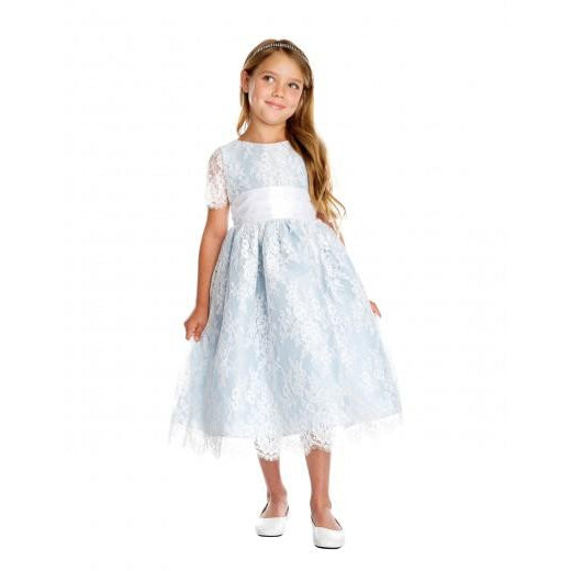 French Lace and Dupioni Blue White Ribbon Flower Girl Dress