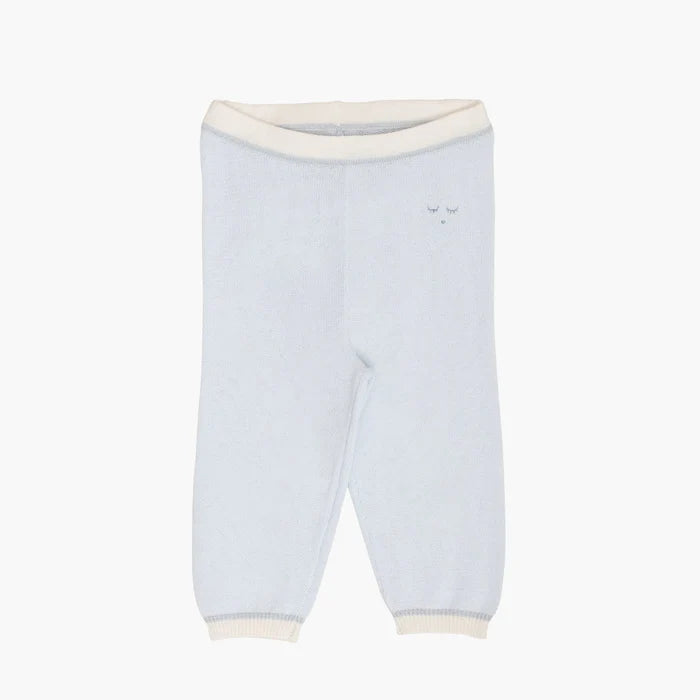 Light blue baby pants with white trim on a white background