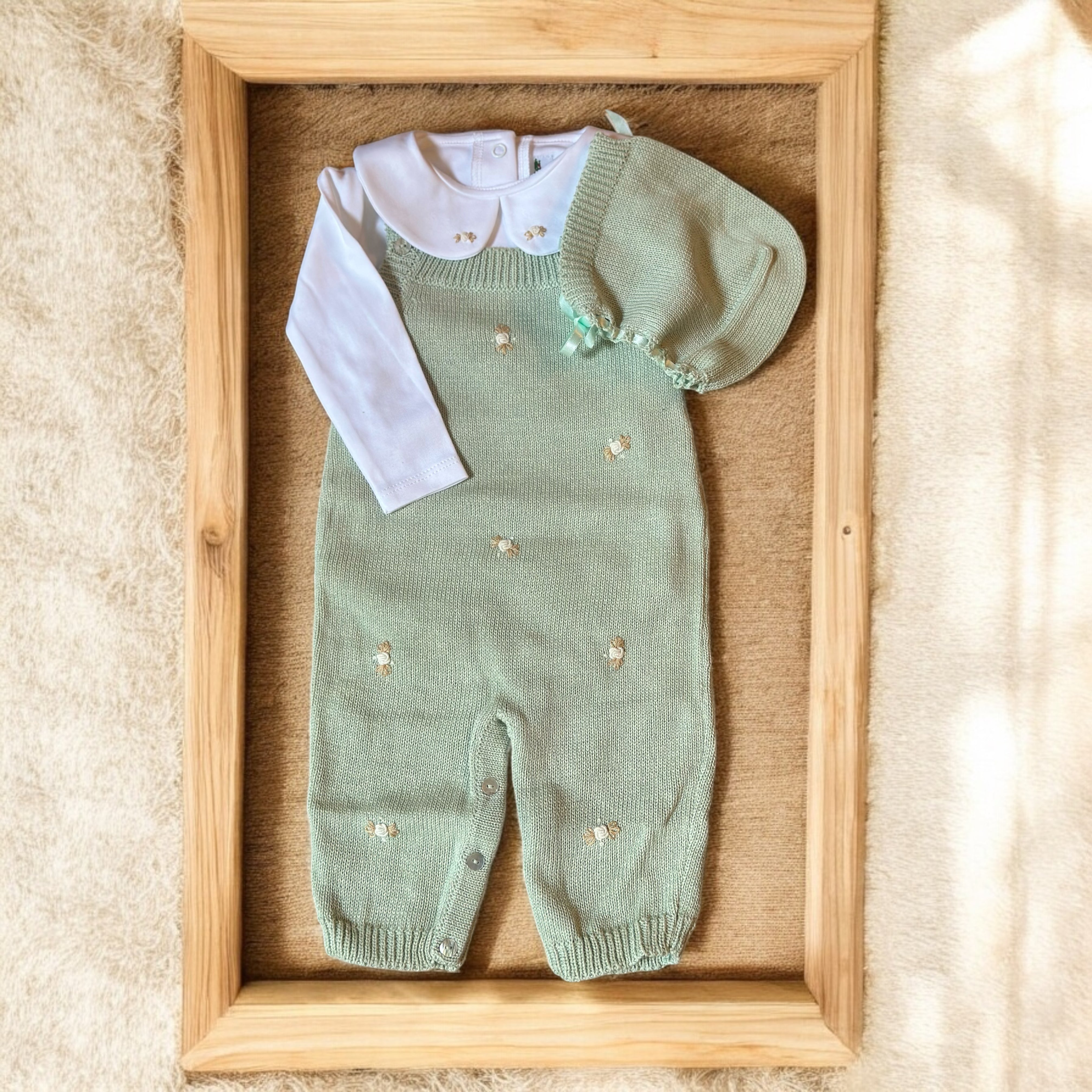 Sage Knit Romper and Bonnet