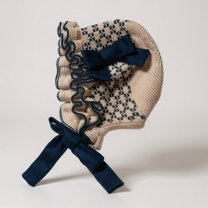Beige and Navy Check Bonnet