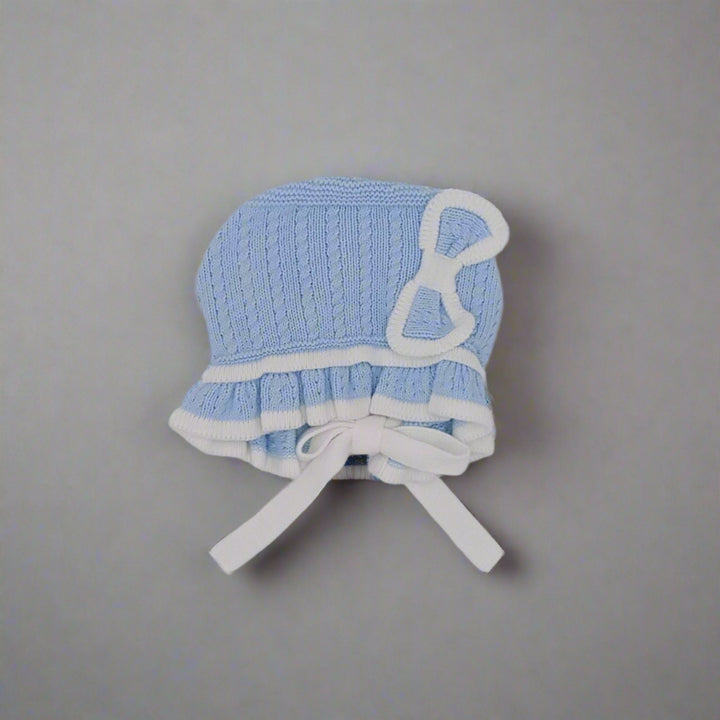 Baby Blue and White Knit Bonnet