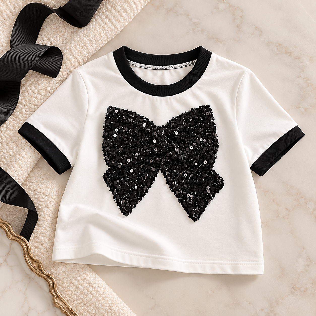 Black Sequin Bow Cropped Shirt