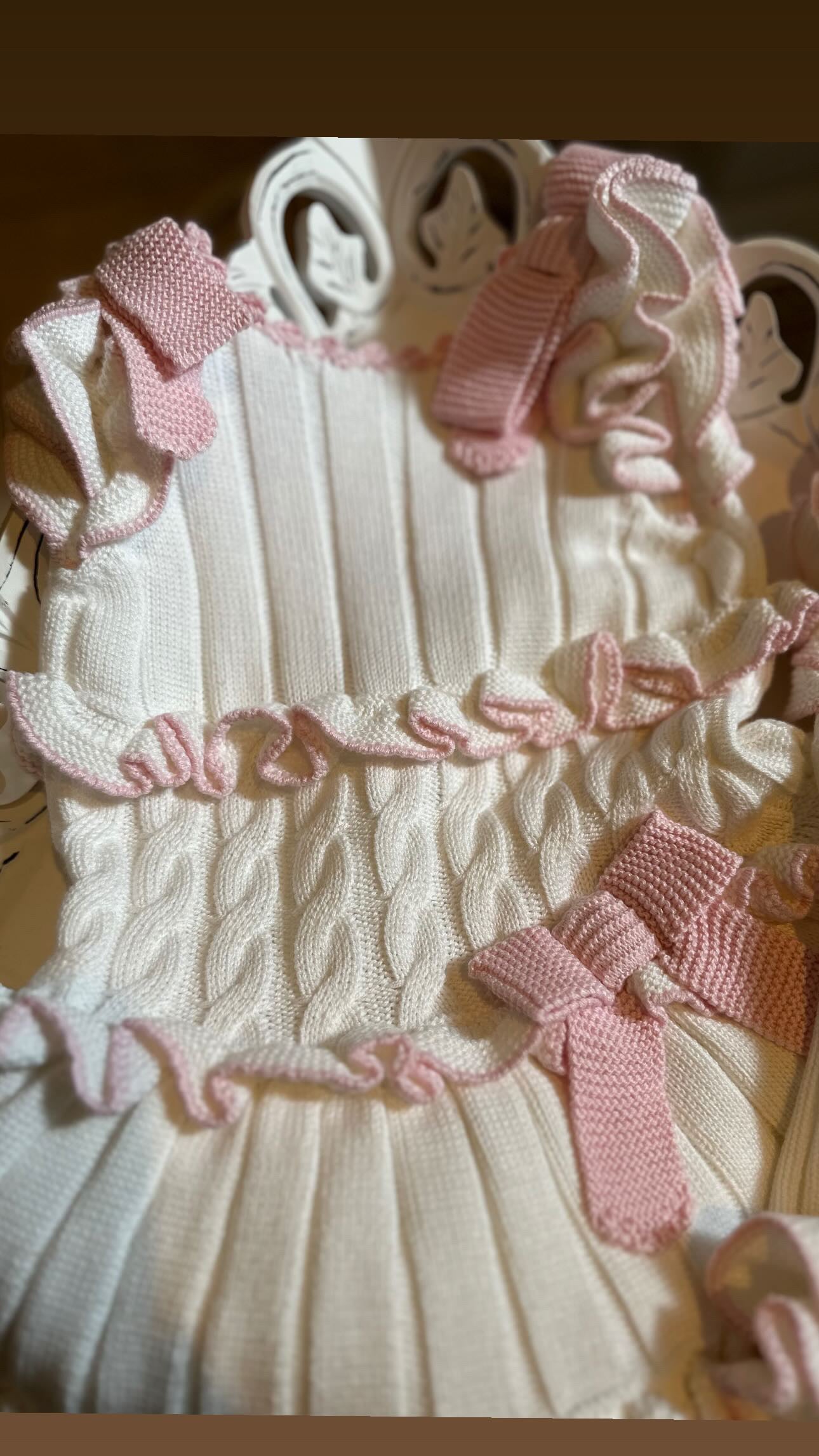 White and Pink Knit Drop Waist Dress