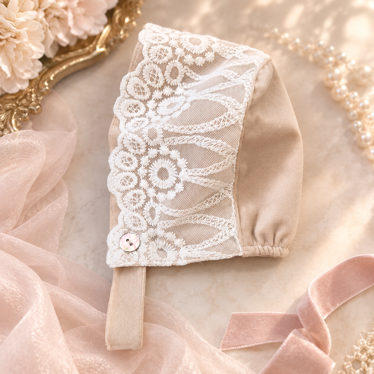 Beige Velvet Bonnet
