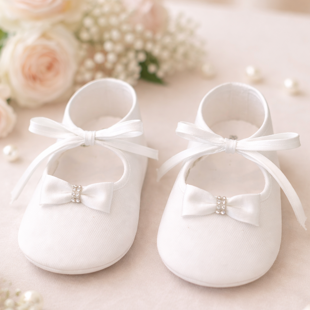 White baby shoes with bows on a floral background