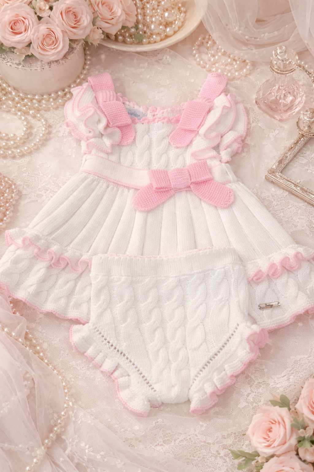 White and Pink Knit Baby Dress