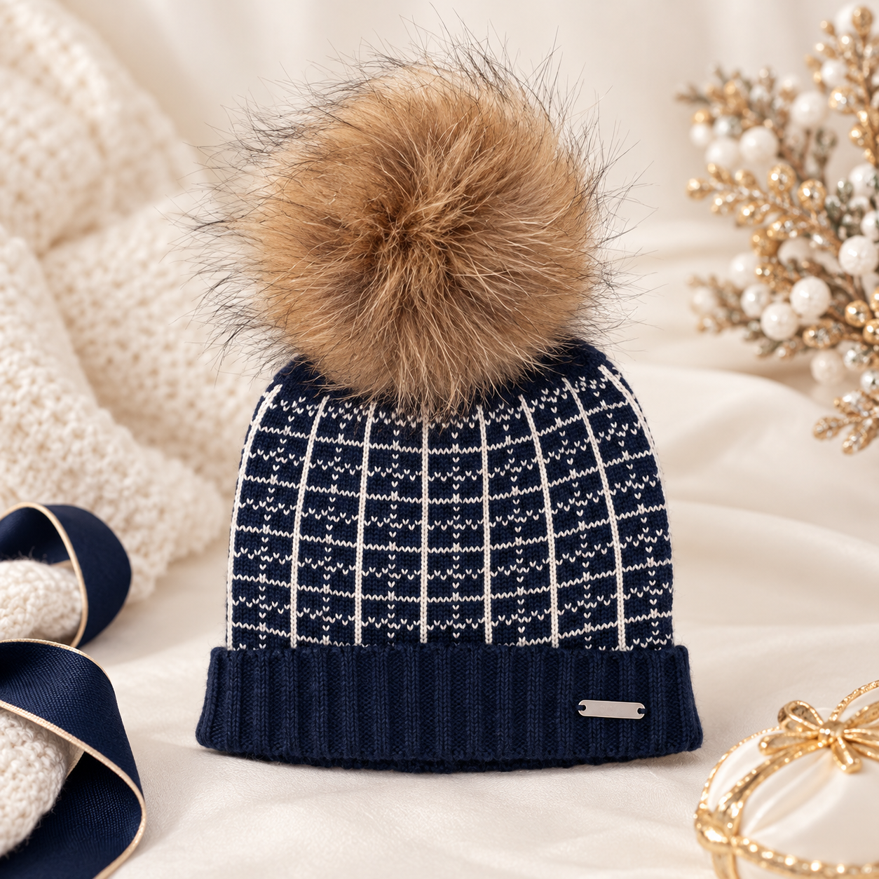 Navy Check Pom Hat