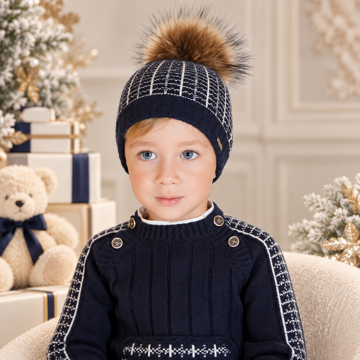 Navy Check Pom Hat