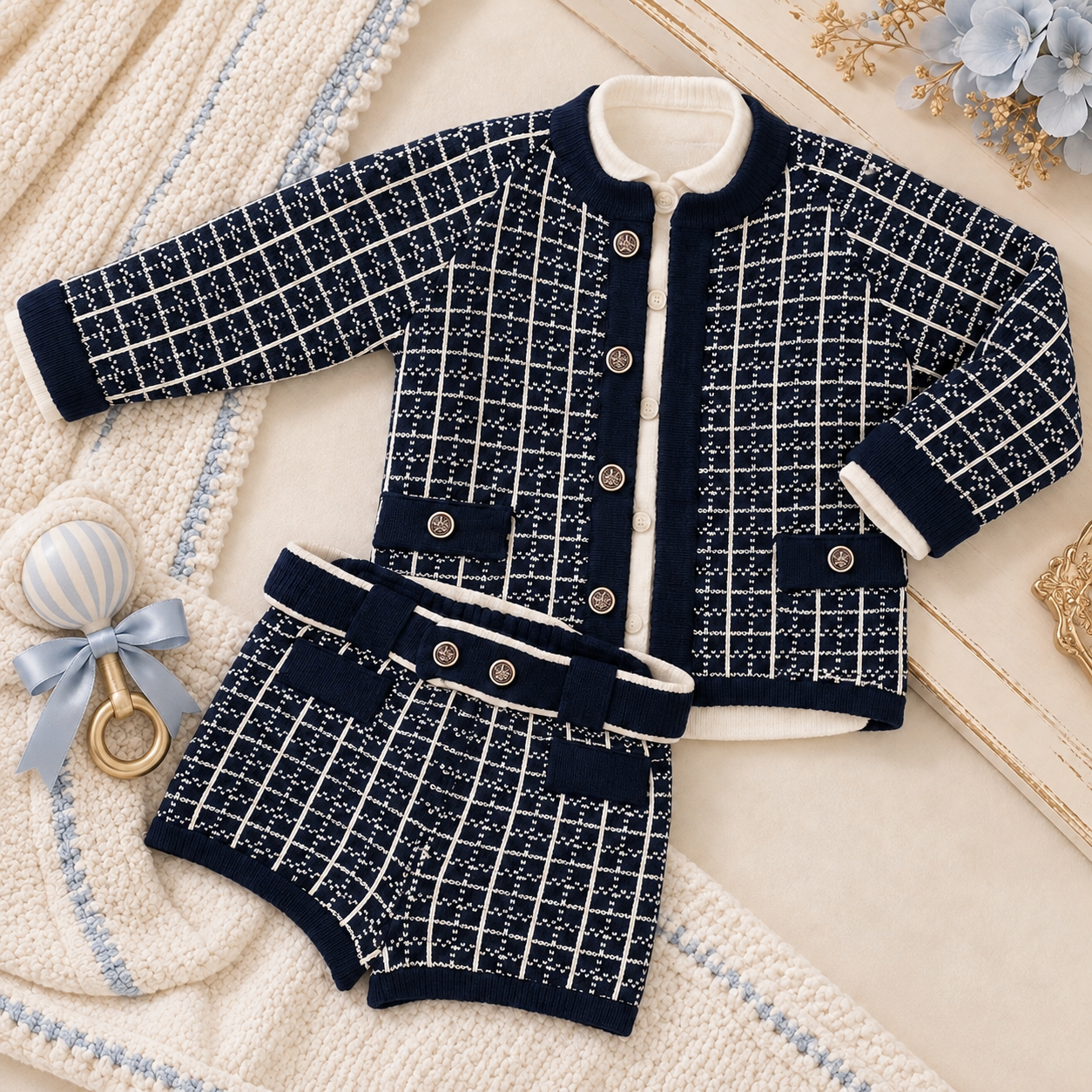 Navy Checkered Short Set