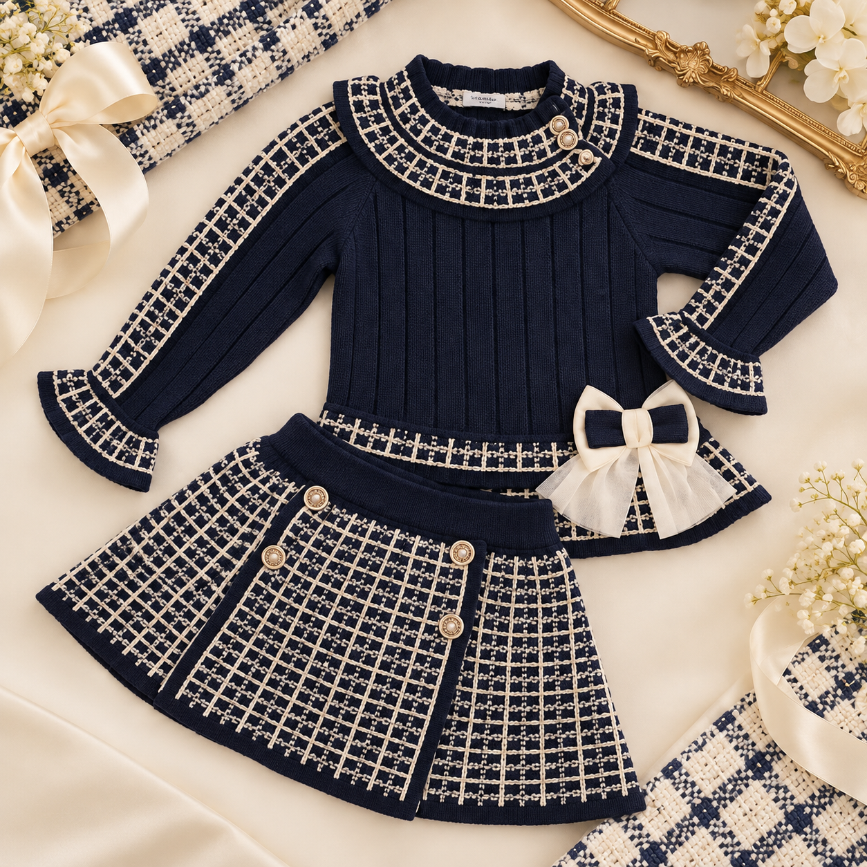 Navy Check Skirt Set