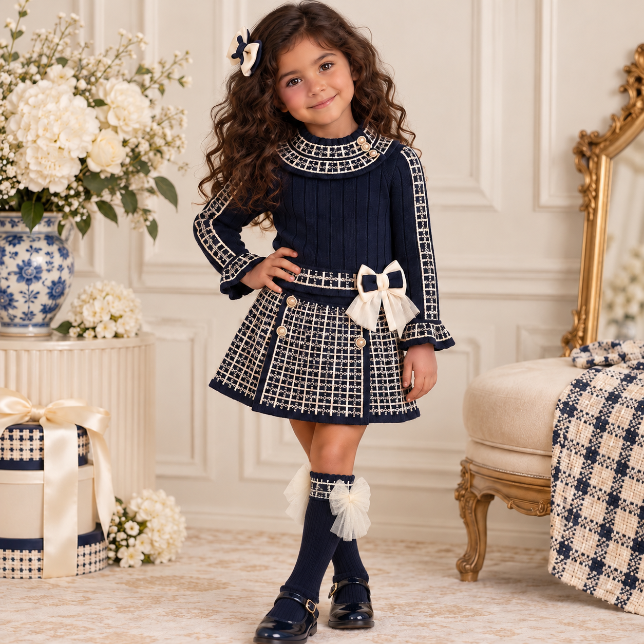 Navy Check Skirt Set