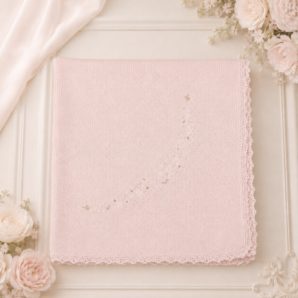 Pink Knit Blanket with Flowers