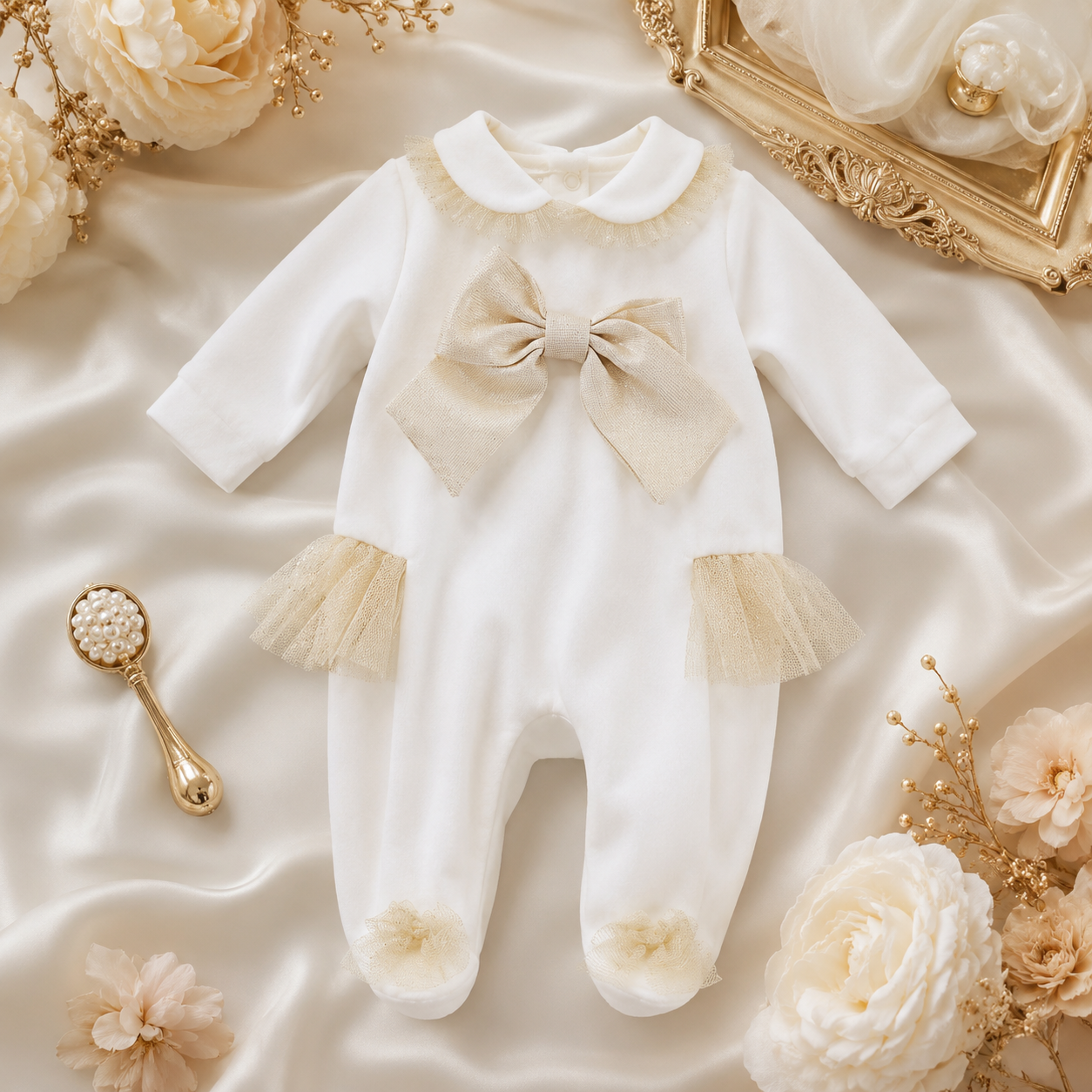 Velour Gold Bow Romper