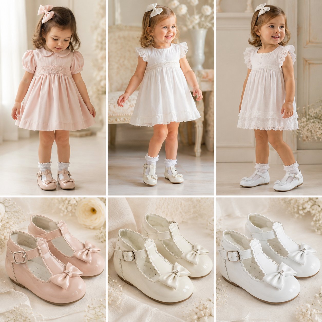 A six-panel collage showing a young girl modeling a short dress in three colorways—light pink, white, and ivory—along with matching Mary Jane shoes in each panel. The top row shows the child wearing the dress, and the bottom row shows close-up views of the shoes.