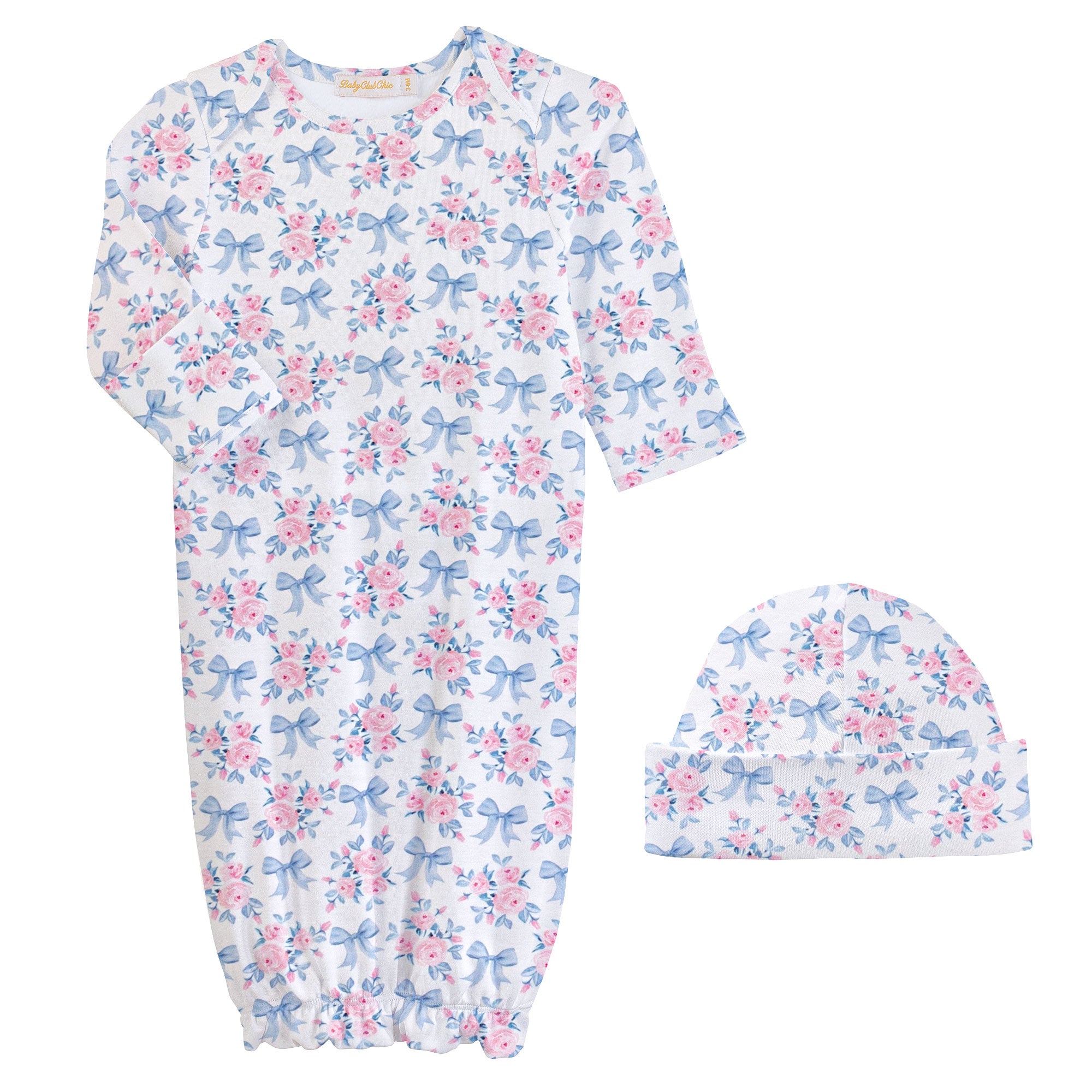 Blue Floral Bows Gown and Hat Set