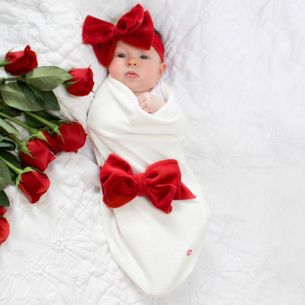Red Velour Bow Swaddle Set
