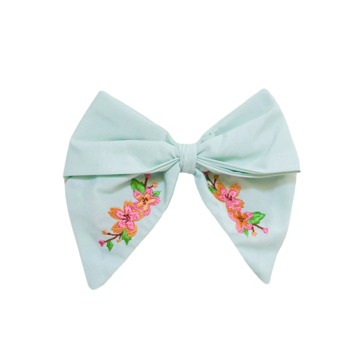 Embroidered Mint Bow Clip