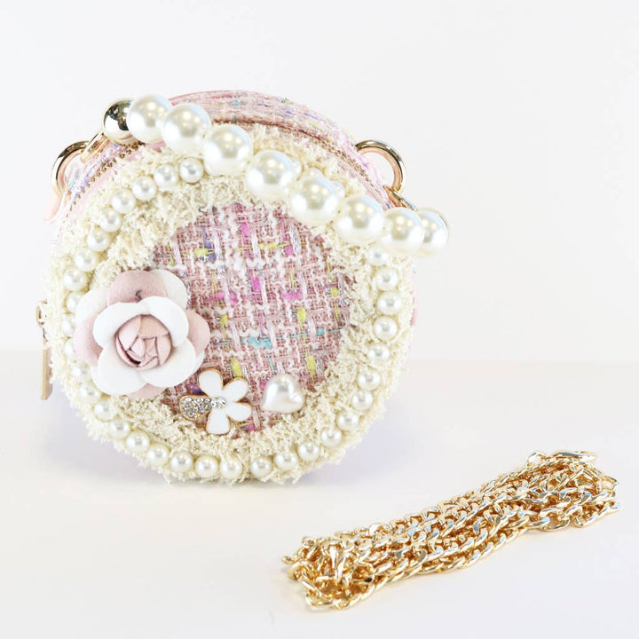 Pearl Trim Round Tweed Purse