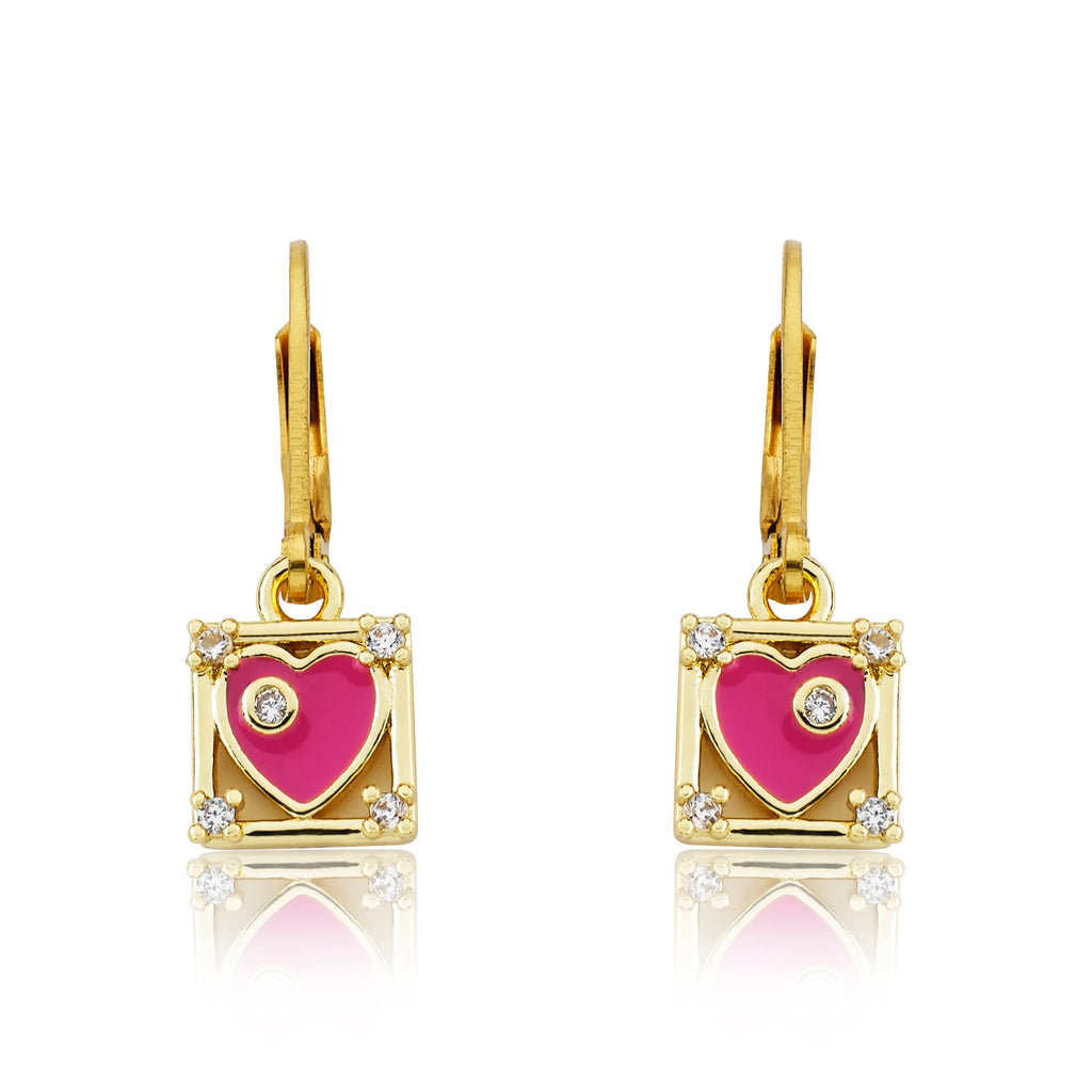 Twin Star Enamel Heart Square Dangle Earring