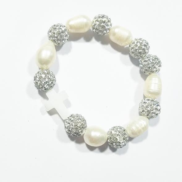 Heart Me Ivory Cross Freshwater Pearl Christening Communion Bracelet