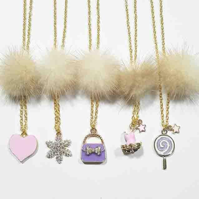 XO Heart Beige Fur Pom Necklaces