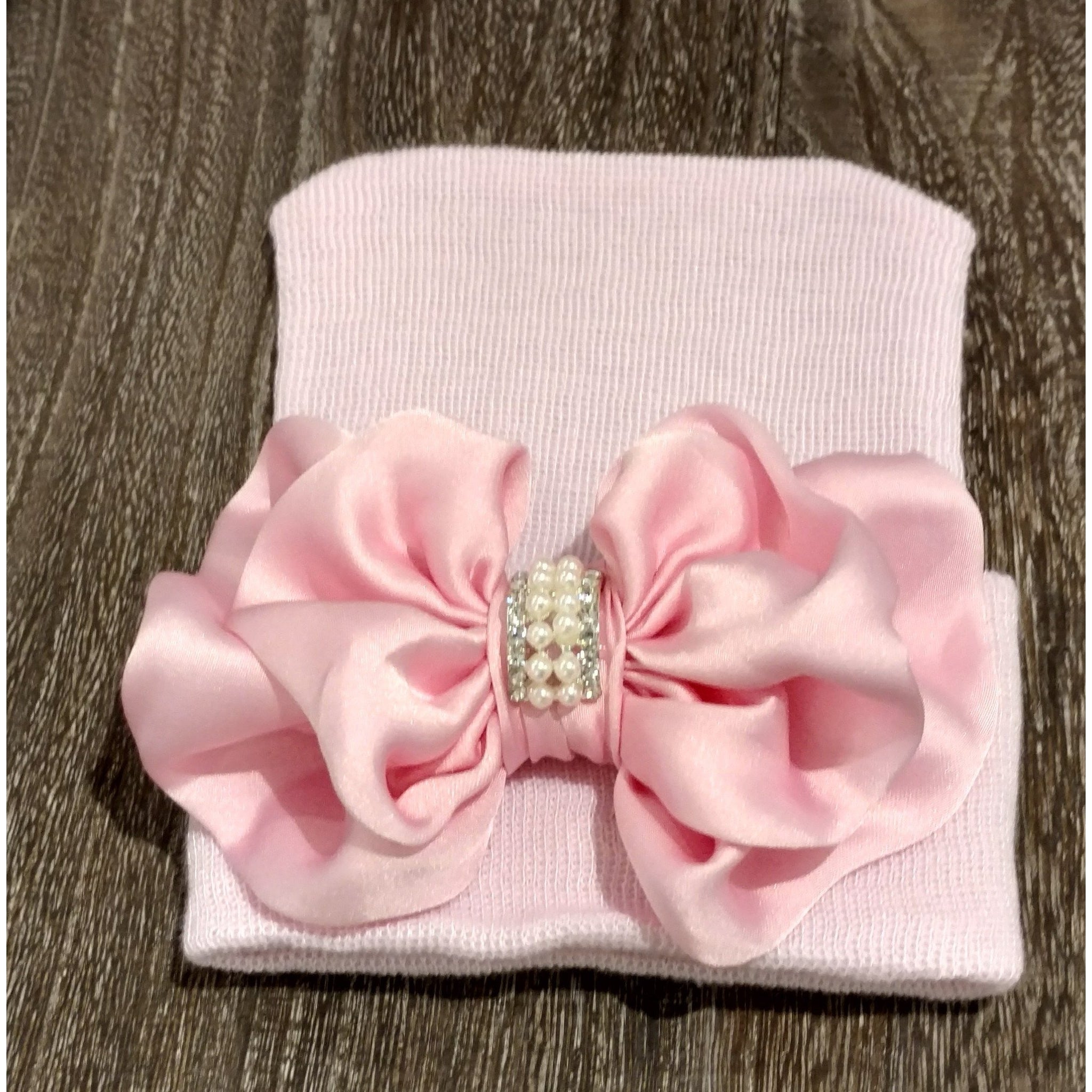 Cradle Cuties Crystal & Pearl Bow Hat - Pink Satin