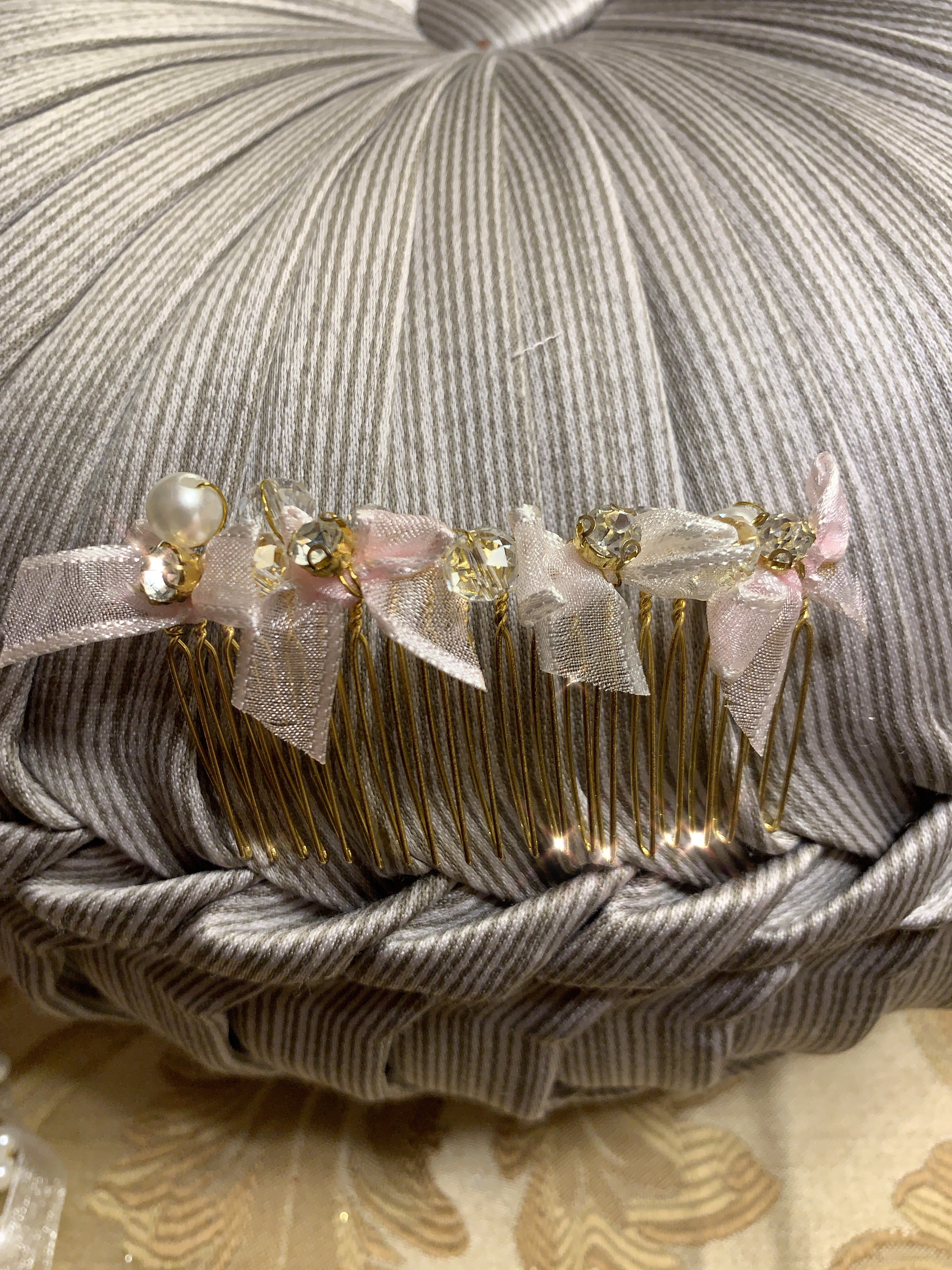 Light Pink and Gold Ribbon Bow Hair Comb