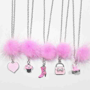 XO Heart Bright Pink Fur Pom Necklaces