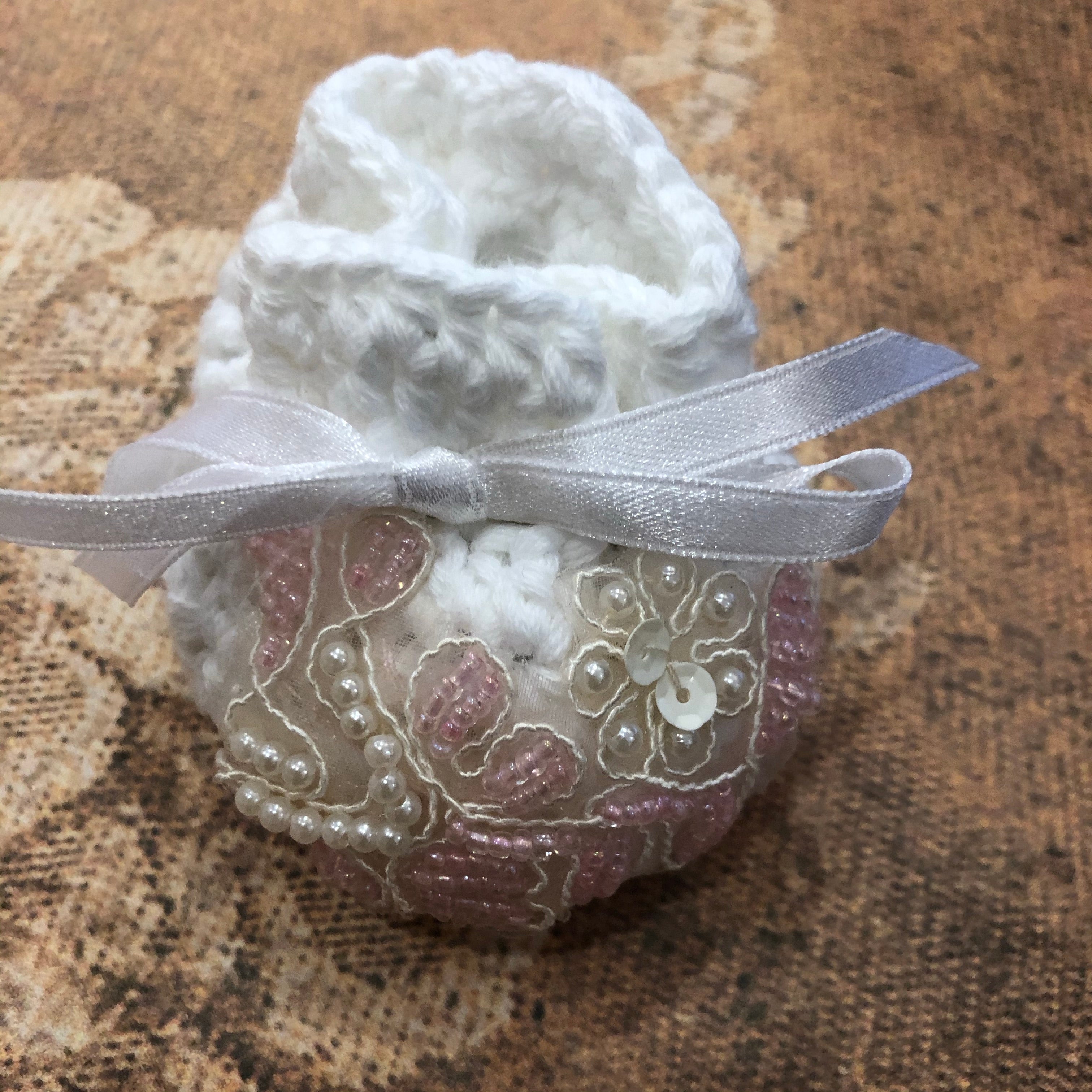 White Crochet Booties with Pink Applique