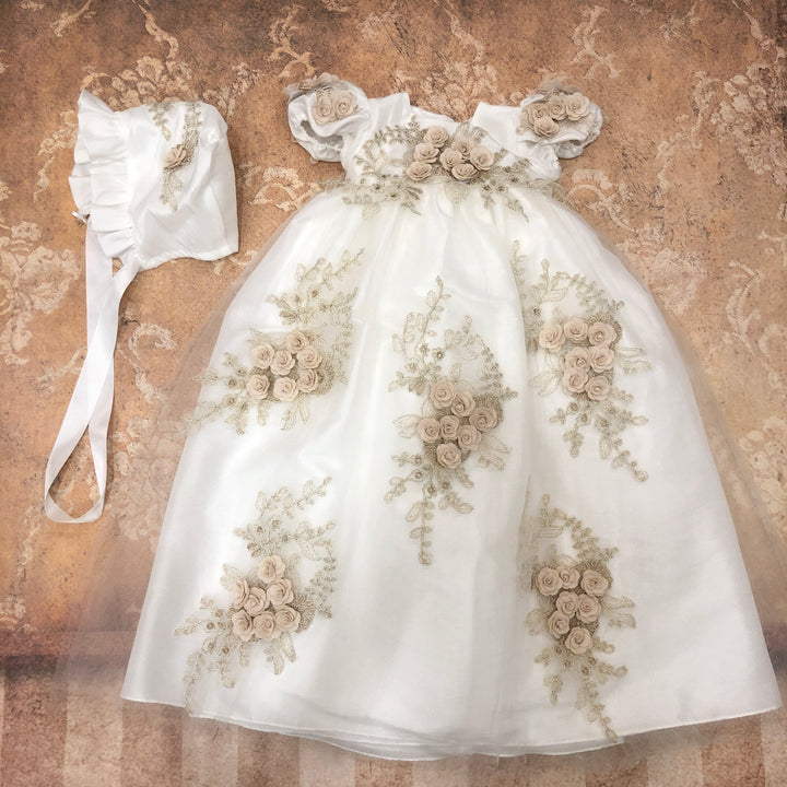 Ivory Gold Christening Gown and Bonnet