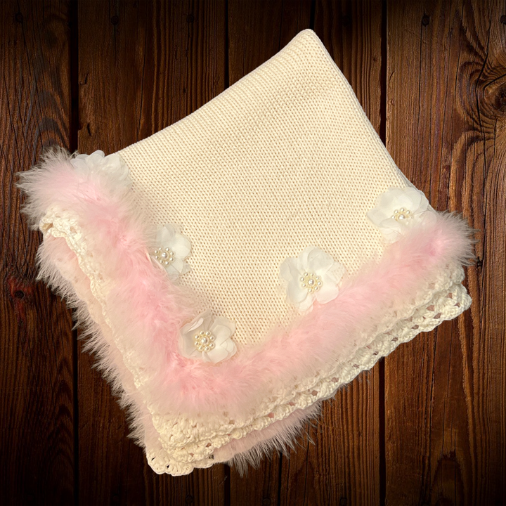 Ivory Crochet Blanket with Marabou Trim