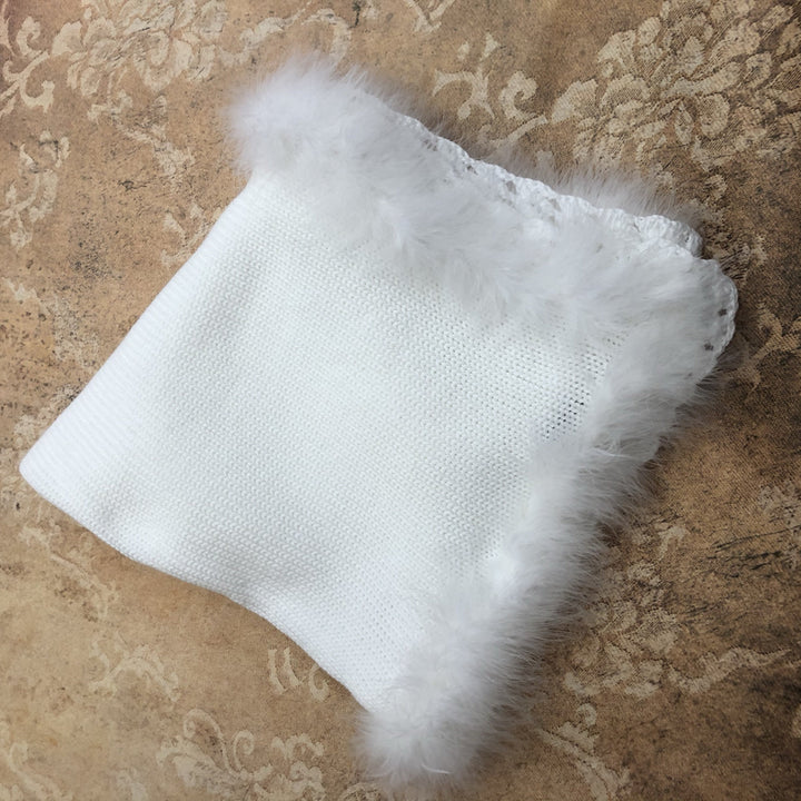 White Crochet Blanket with Marabou Trim