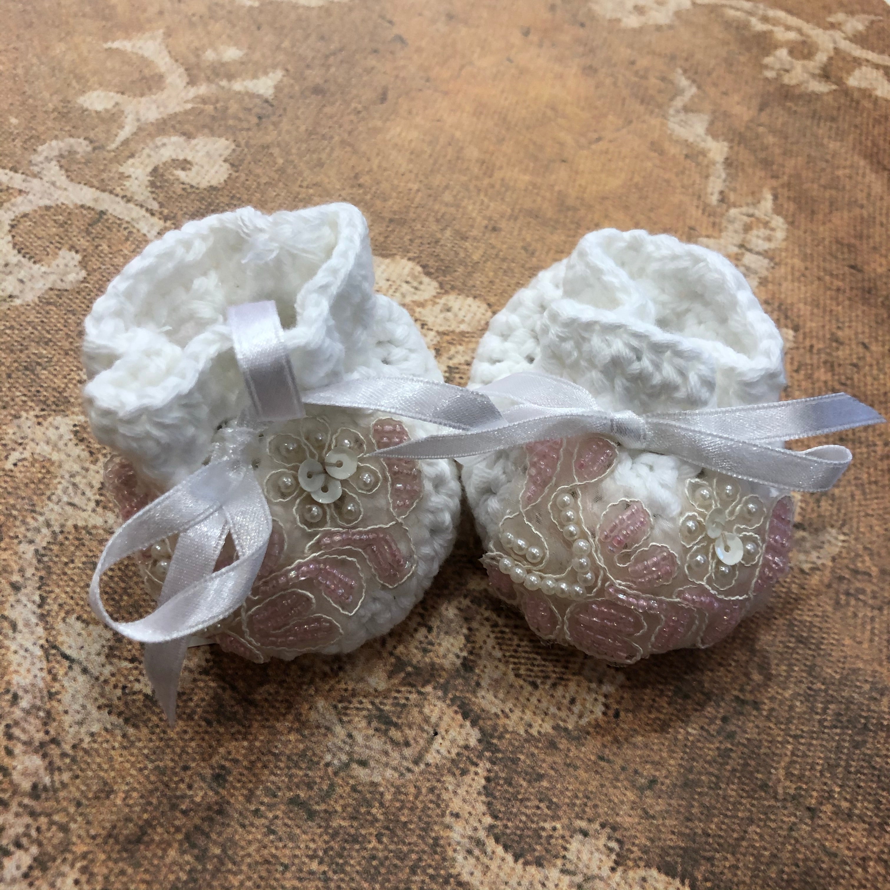 White Crochet Booties with Pink Applique