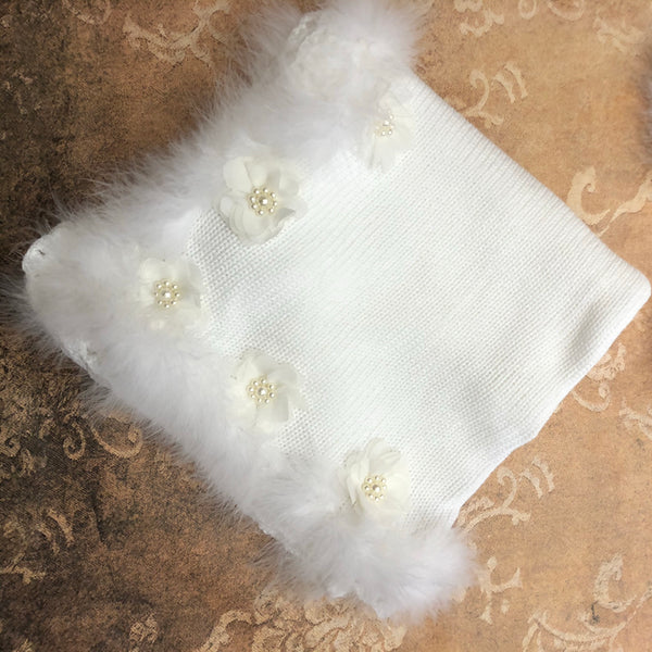 White Crochet Blanket with Marabou Trim and Flowers