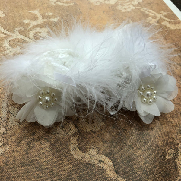 White Crochet Booties with Marabou and Flowers