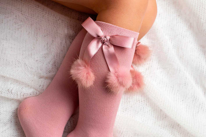 Meia Pata Satin Bow & Pom Pom Knee Hi